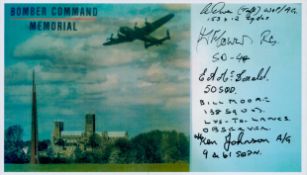A Lancaster Flying over Bomber Command Memorial, Colour Photo Signed by 5 including H J Flowers,