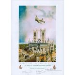 Lancaster VN - B for Baker on final approach print by Reg Payne. Signed by 5 Mcdonald, Johnson,