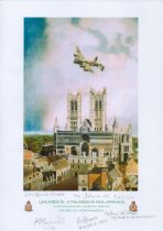 Lancaster VN - B for Baker on final approach print by Reg Payne. Signed by 5 Mcdonald, Johnson,