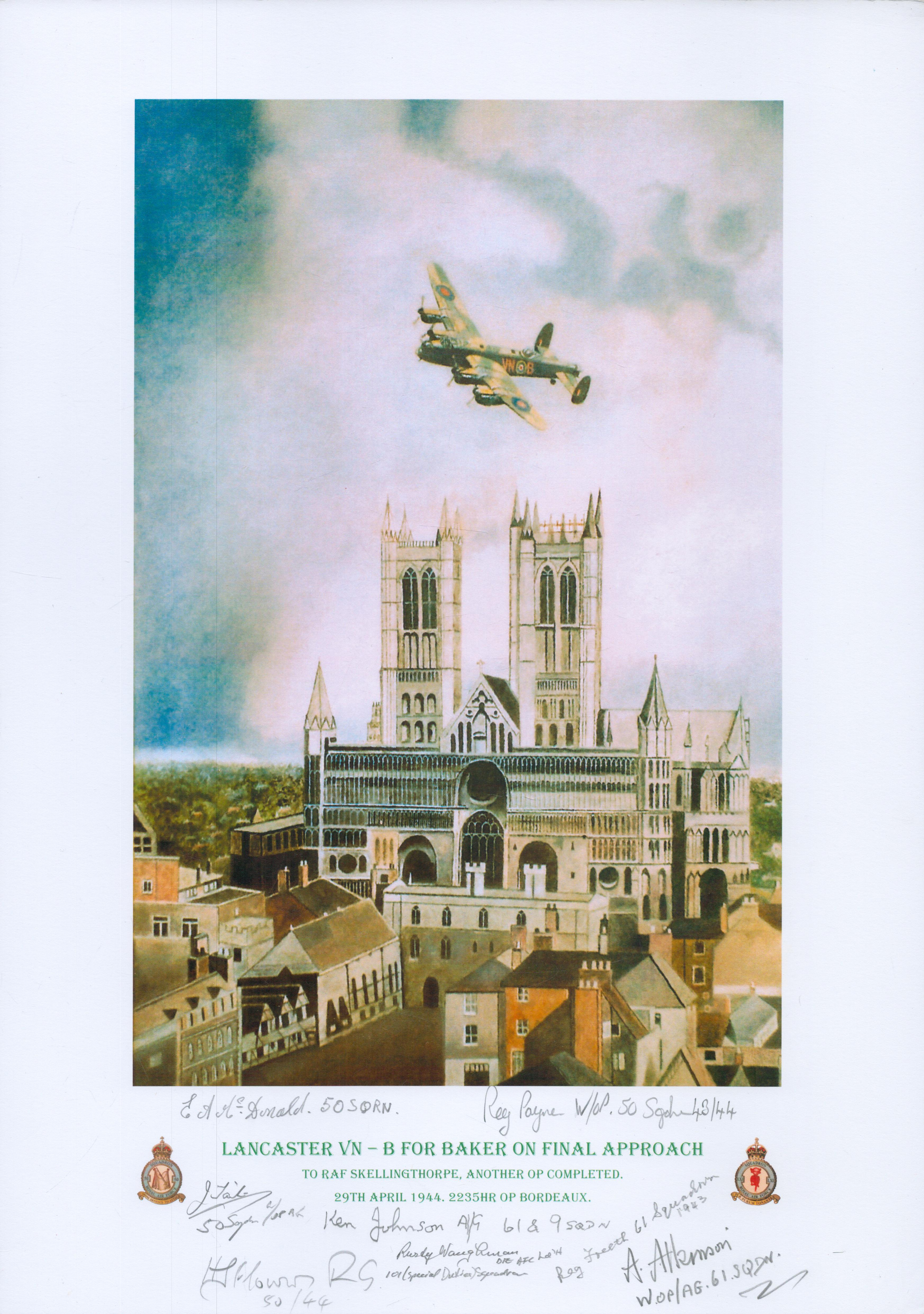 Lancaster VN - B for Baker on final approach print by Reg Payne. Signed by 7 including Mcdonald,
