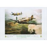 Angel's Hurricane and Spitfire print by Reg Payne. Signed by 3 including Mcdonald, Freeth and