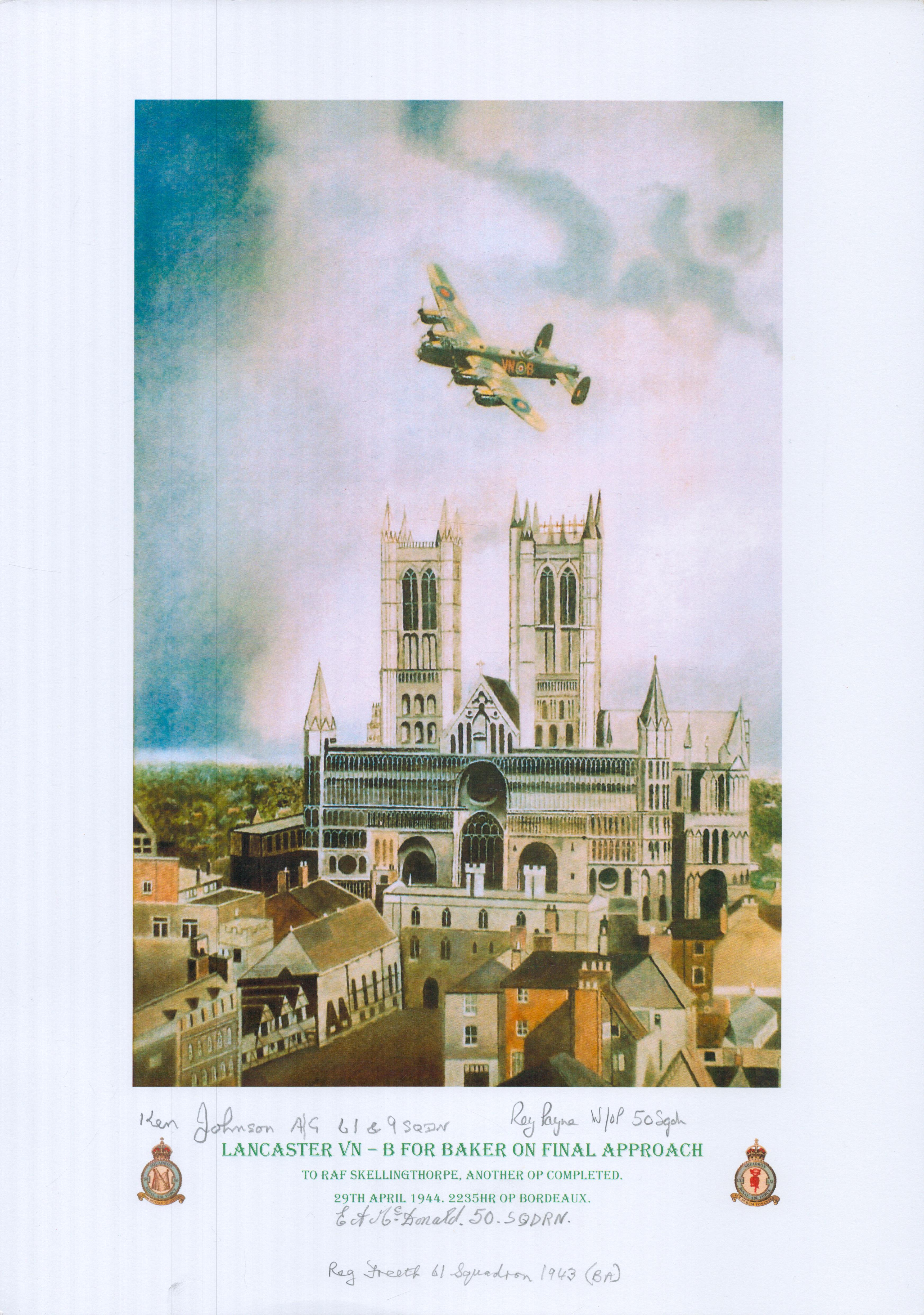 Lancaster VN - B for Baker on final approach print by Reg Payne. Signed by 3 including Johnson,