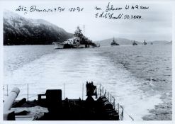 Tirpitz at Bogenfjord oct 1942 Black and White Photo Signed by 3 including H Dunn, Ken Johnson,