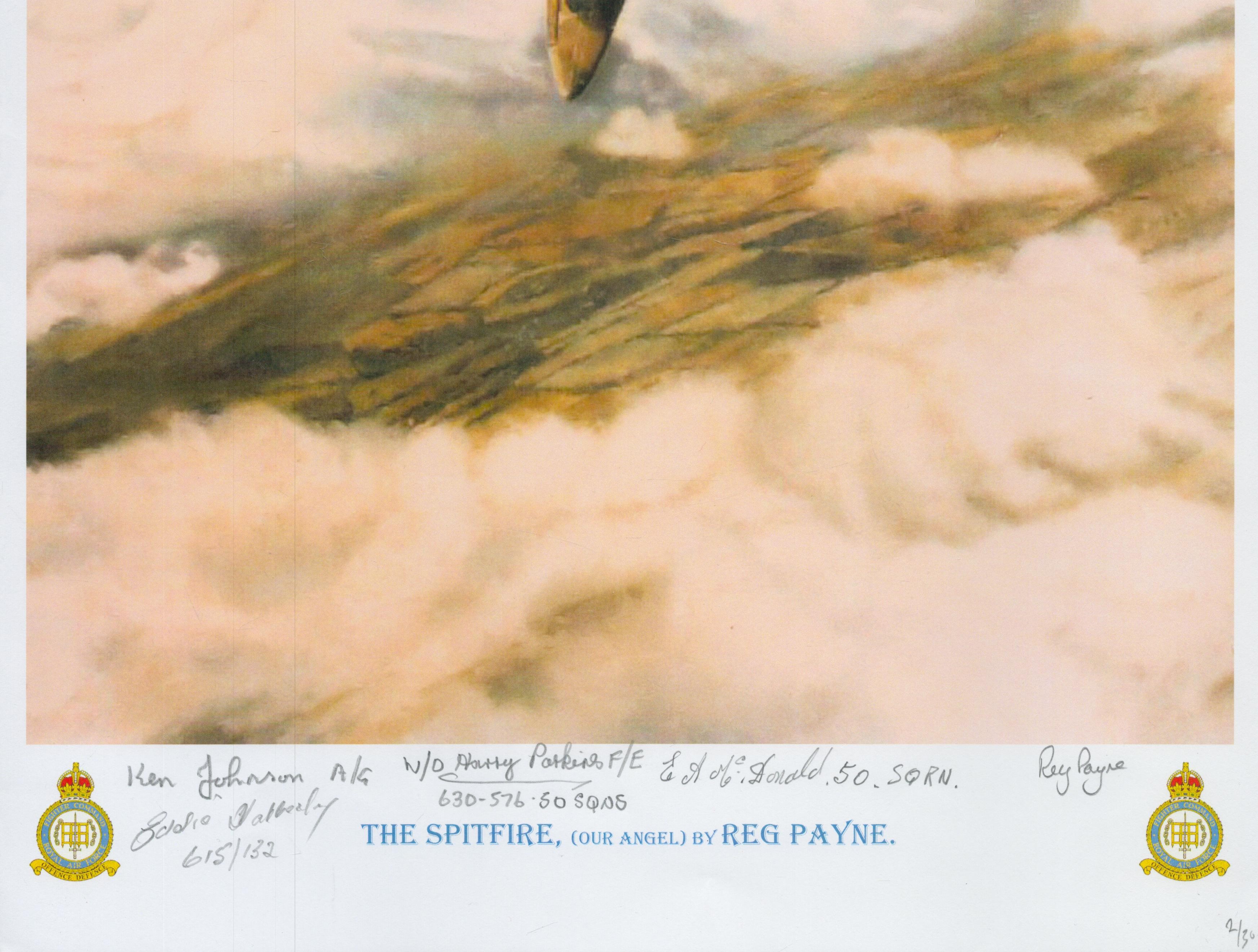 The Spitfire (our angel) print by Reg Payne. Signed by 4 including Johnson, Donald, Parkin and 1 - Image 2 of 2