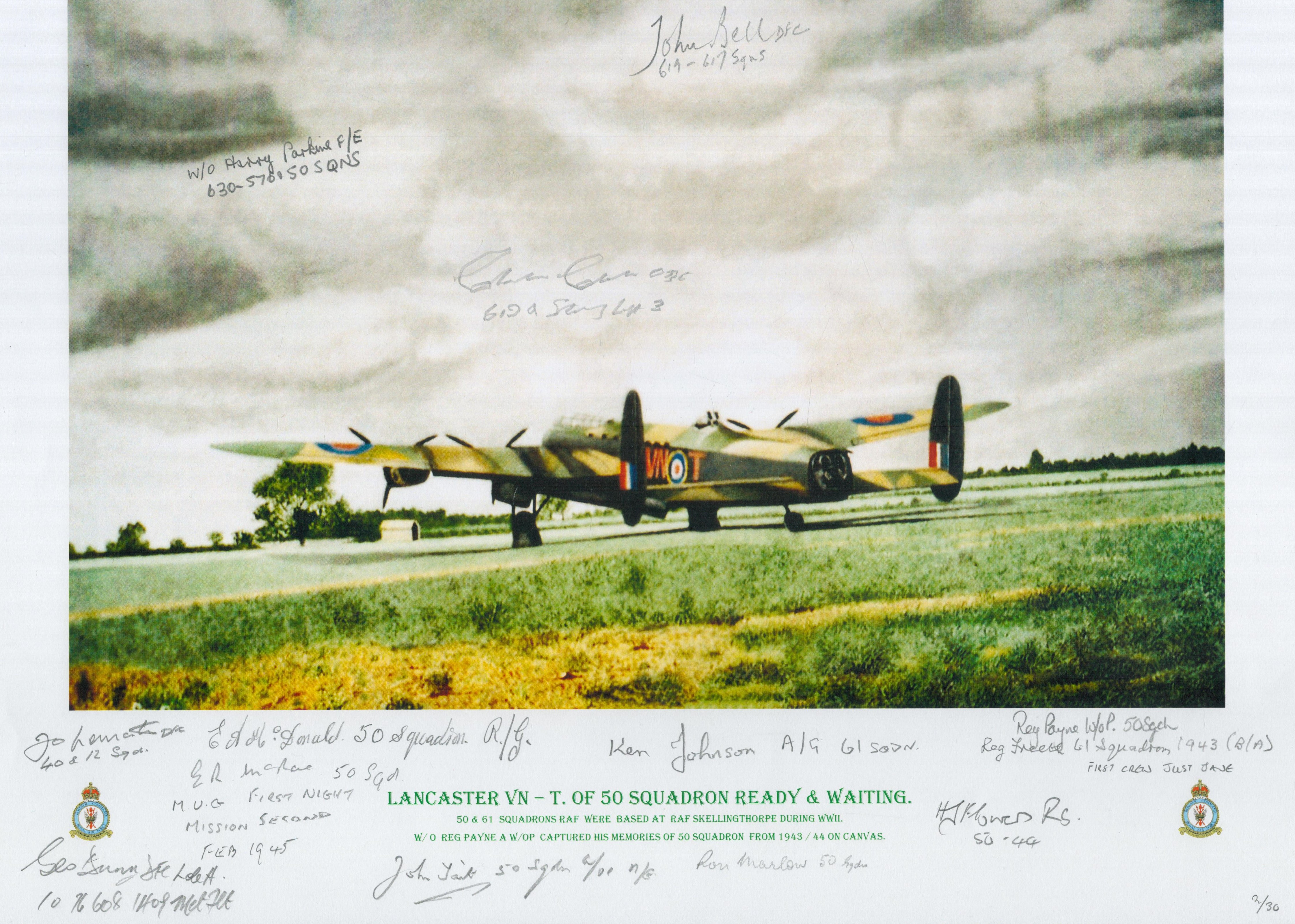Lancaster VN - T of 50 squadron ready and waiting print by Reg Payne. Signed by 11 including Bell, - Image 2 of 2