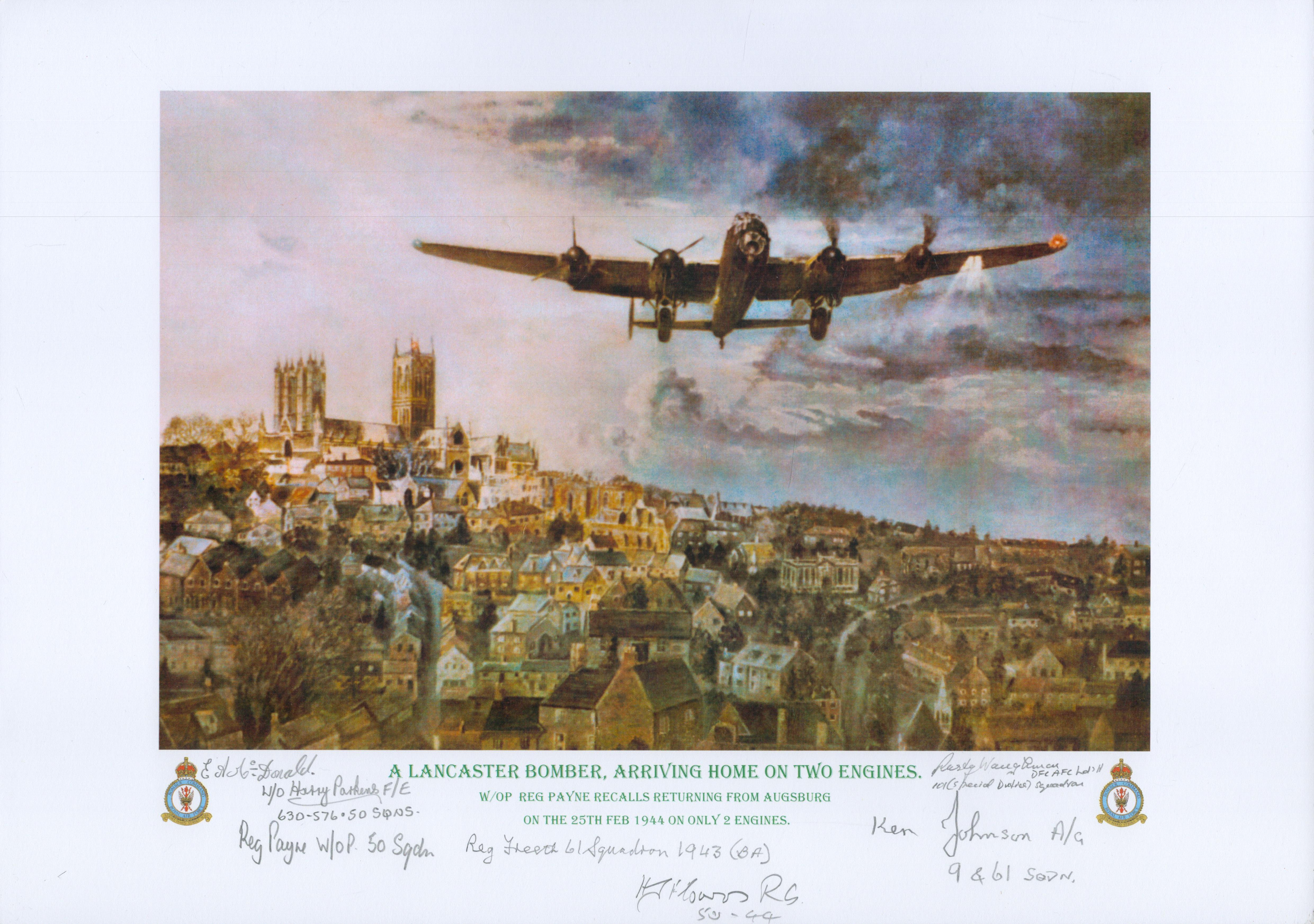 A Lancaster bomber, arriving home on two engines print by Reg Payne. Signed by 6 including Donald,