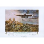 A Lancaster bomber, arriving home on two engines print by Reg Payne. Signed by 6 including Donald,