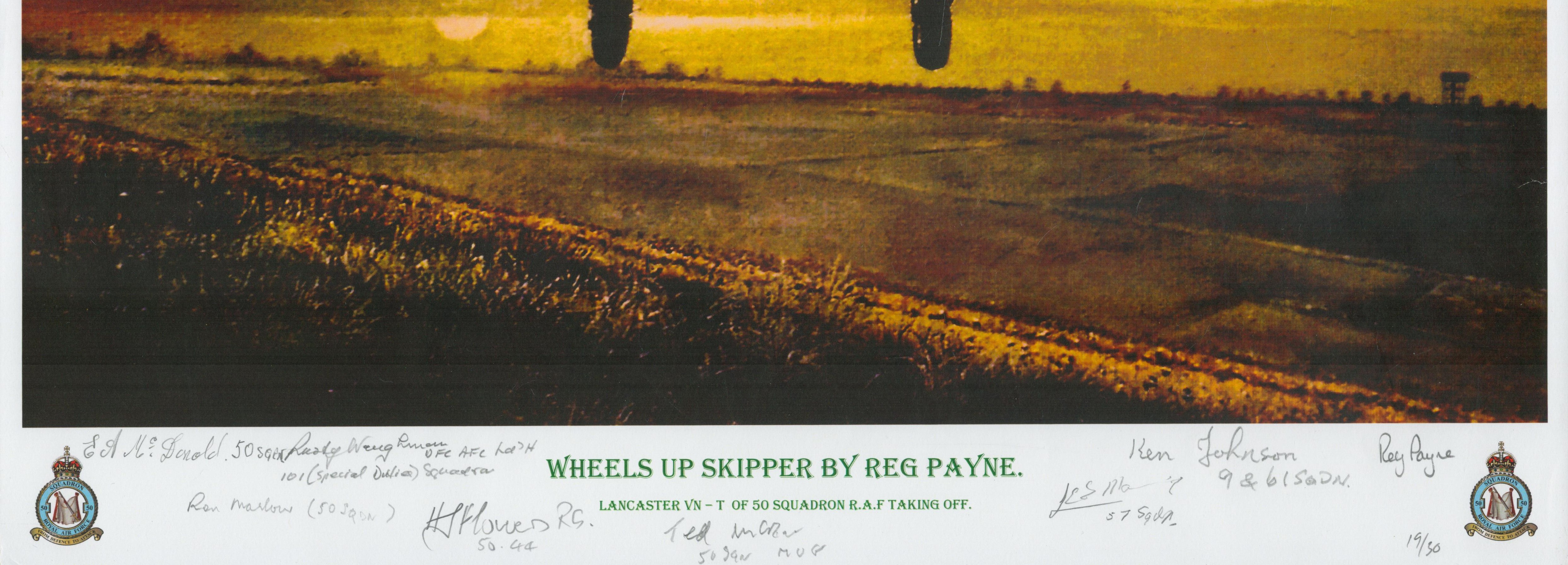 Wheels up skipper print by Reg Payne. Signed by 7 including Mcdonald, Marlow, Flowers, Johnson and 3 - Image 2 of 2