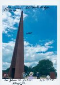 A Lancaster Flying Over the Spire Memorial, Colour Photo Signed by 5 including E A McDonald, Reg