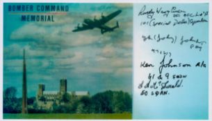 A Lancaster Flying over Bomber Command Memorial, Colour Photo Signed by 4 including G (Johnny)
