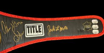 Sugar Ray Leonard, Jack LaMotta and Floyd Mayweather Jnr signed replica belt. Good condition. All