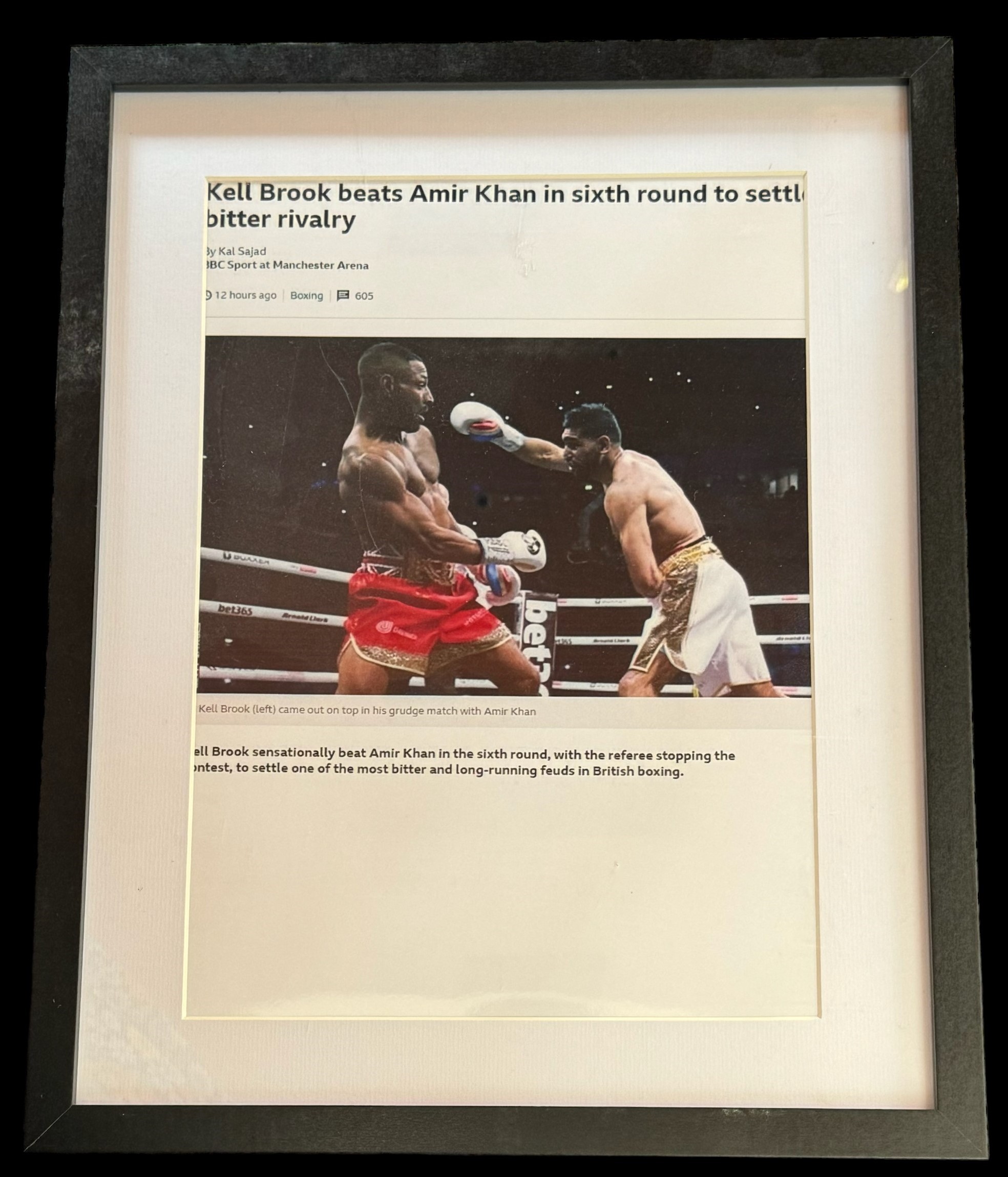 Kell Brook v Amir Khan 15x12 inch mounted and framed colour photo unsigned. Good condition. All