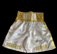 Roberto Duran signed Hands of Stone boxing shorts. Size medium. Unworn. Good condition. All
