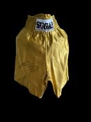 Sugar Ray Leonard signed gold boxing shorts. Good condition. All autographs come with a