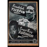 Randolph Turpin v Sugar Ray Robinson 12x8 vintage black and white magazine promo page mounted to