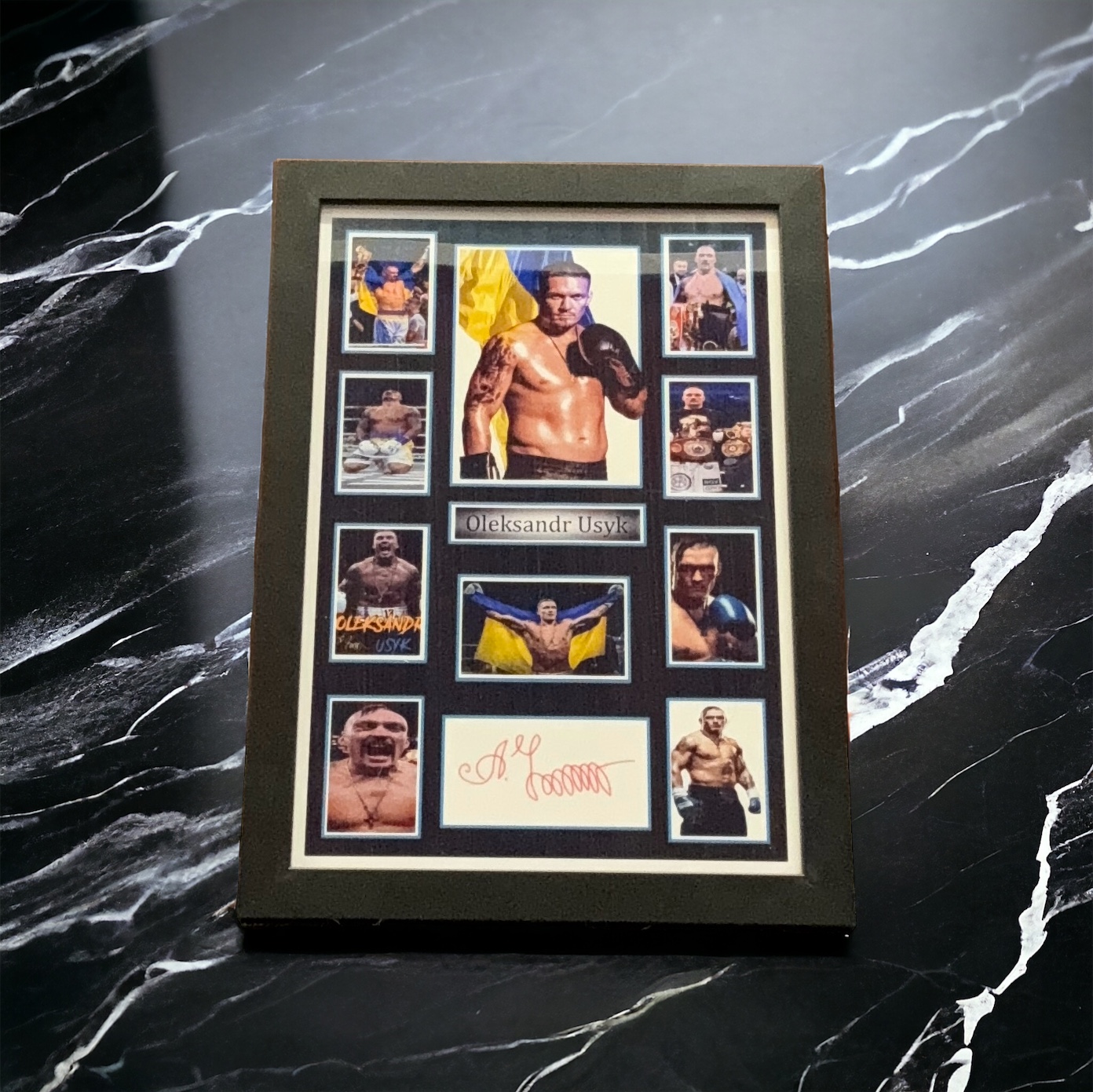 Oleksander Usyk 13x10 inch approx framed signature piece includes signed white card with 10 colour