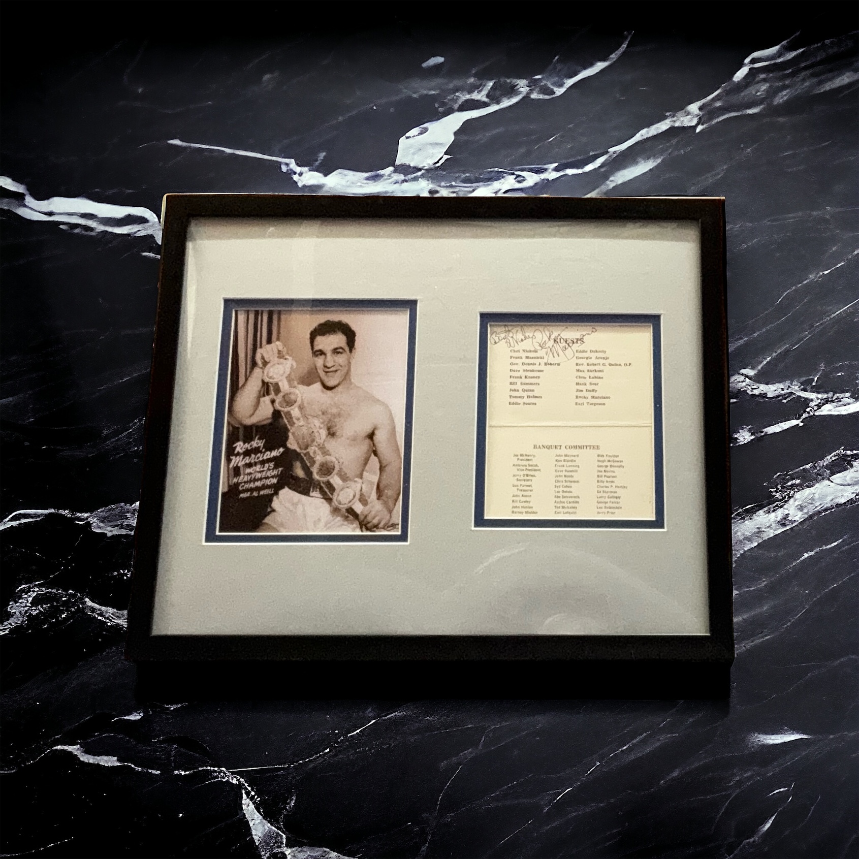 Rocky Marciano 15x12 inch framed and mounted signature piece includes signed banquet menu and