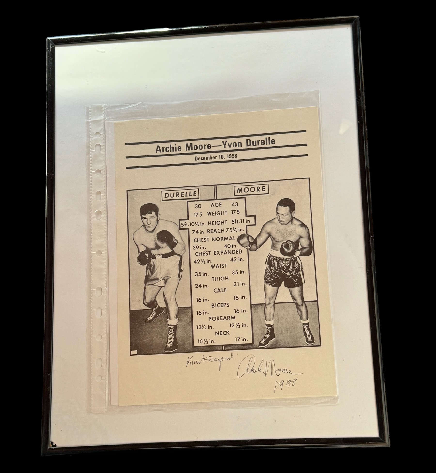 Archie Moore signed 16x12 inch framed and mounted vintage Archie Moore v Yvon Durelle December 10,