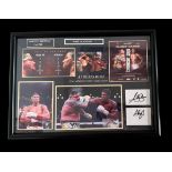 Anthony Joshua and Ruiz jr signature pieces. Framed and mounted with colour photos. Approx overall