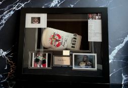 Frank Bruno signed personalised white boxing glove in 24x20x5 inch mounted box display. Good