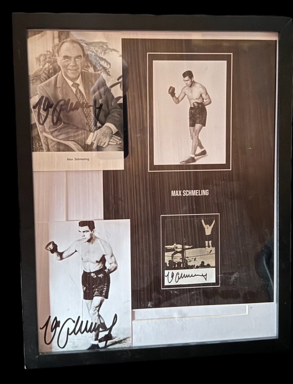 Max Schmeling 15x12 inch overall framed and mounted signature display includes three signed black