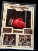 Sugar Ray Leonard signed red Everlast boxing glove in 31x23x 6 inch stunning box display. Good