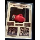 Sugar Ray Leonard signed red Everlast boxing glove in 31x23x 6 inch stunning box display. Good