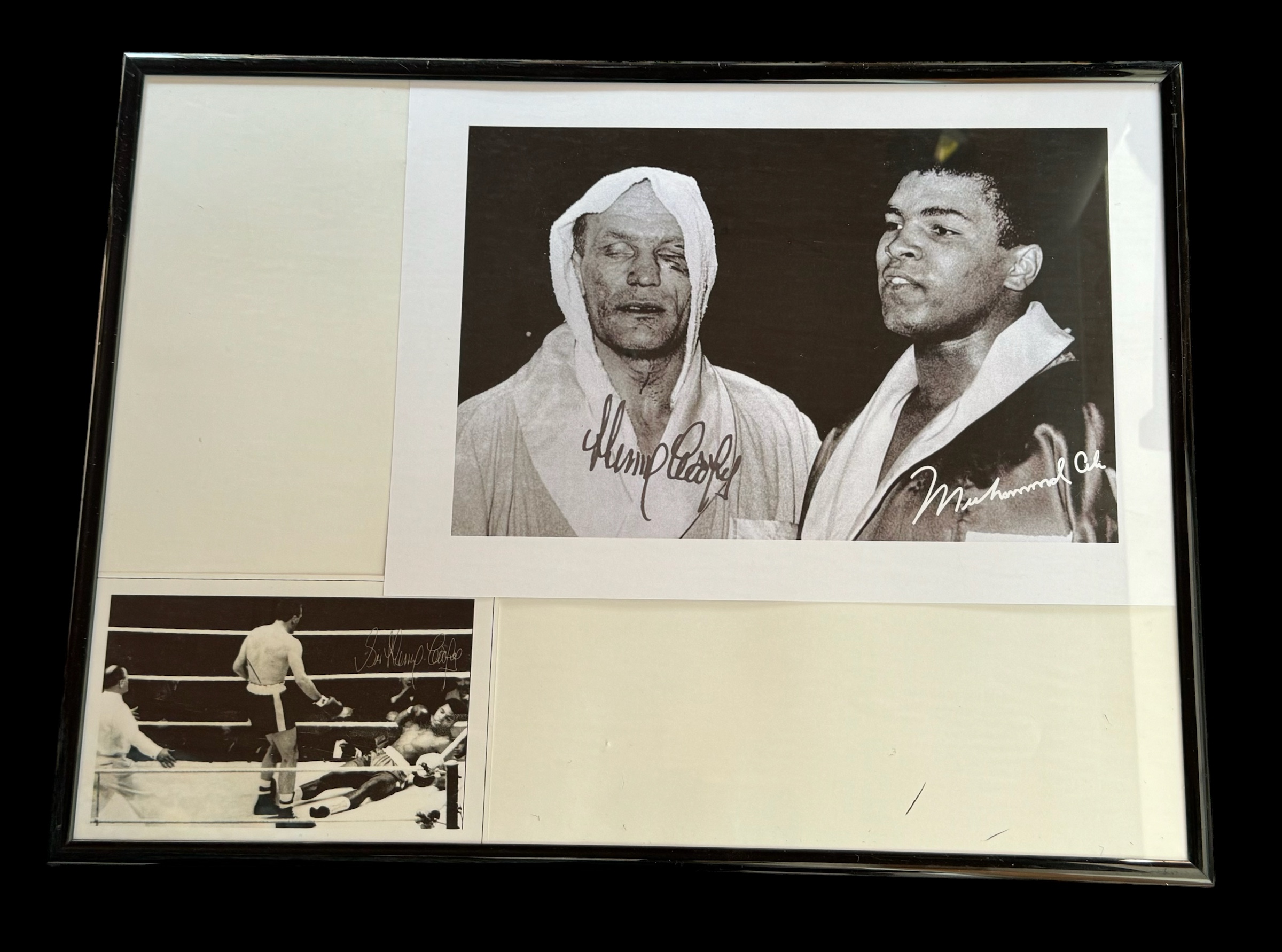 Henry Cooper and Muhammad Ali 16x12 inch overall framed black and white signature display. Good