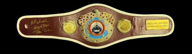 Michael Watson signed mini WBO replica belt. Good condition. All autographs come with a