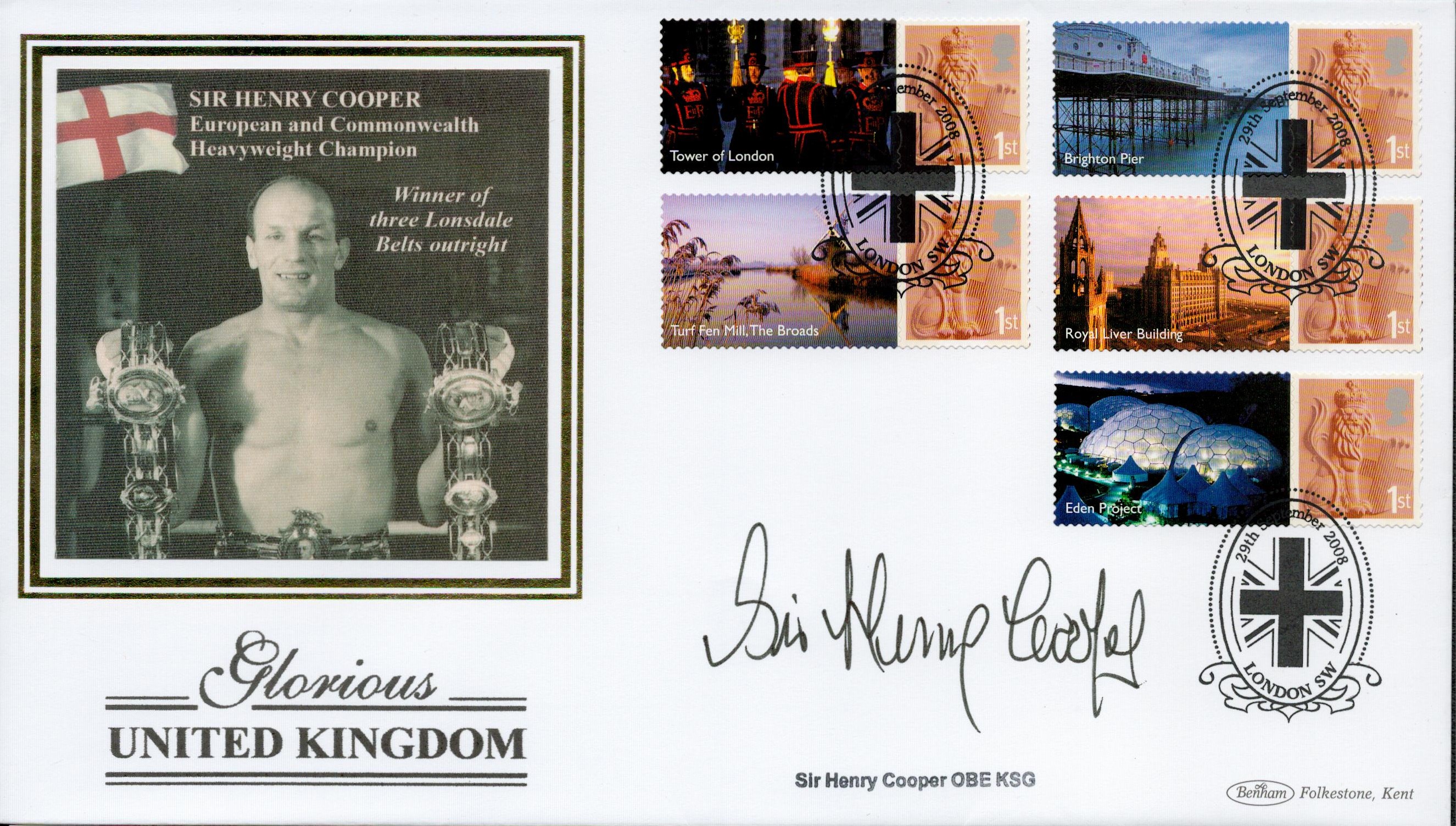 Sir Henry Cooper signed Glorious United Kingdom FDC. 29/9/08 London postmark. Good condition. All