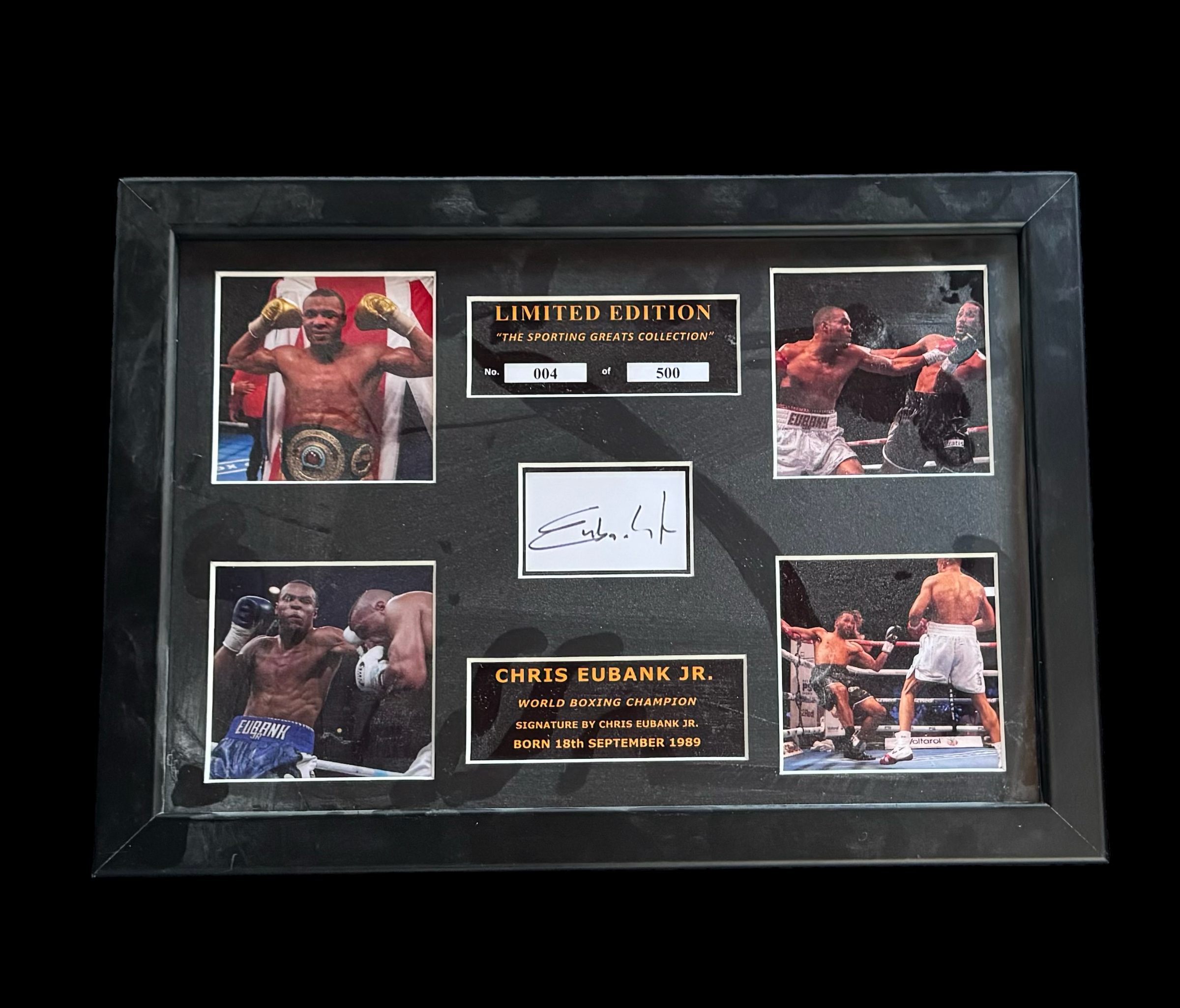 Chris Eubank Jr signed white card. Framed and mounted with 4 colour photos. Approx overall size