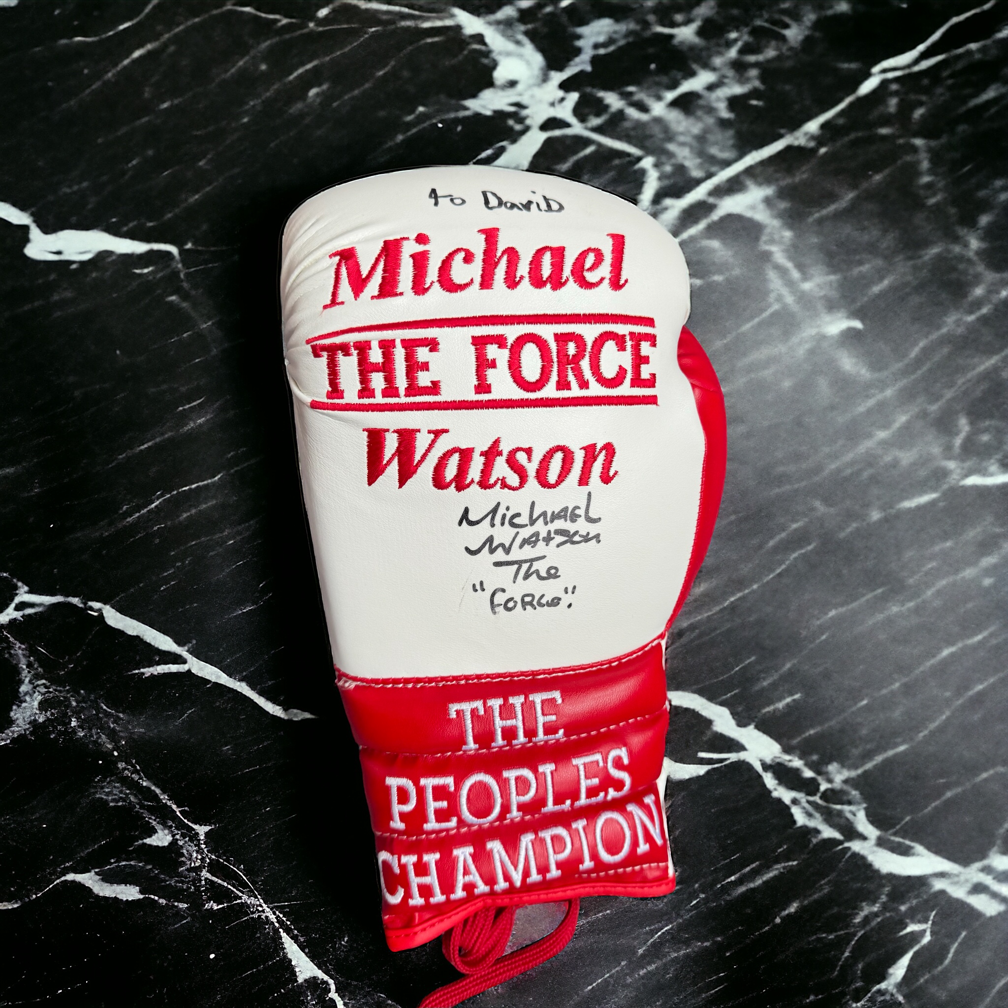 Micheal Watson signed red and white The Peoples Champion personalised 12oz boxing glove dedicated.