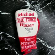 Micheal Watson signed red and white The Peoples Champion personalised 12oz boxing glove dedicated.