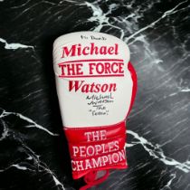 Micheal Watson signed red and white The Peoples Champion personalised 12oz boxing glove dedicated.