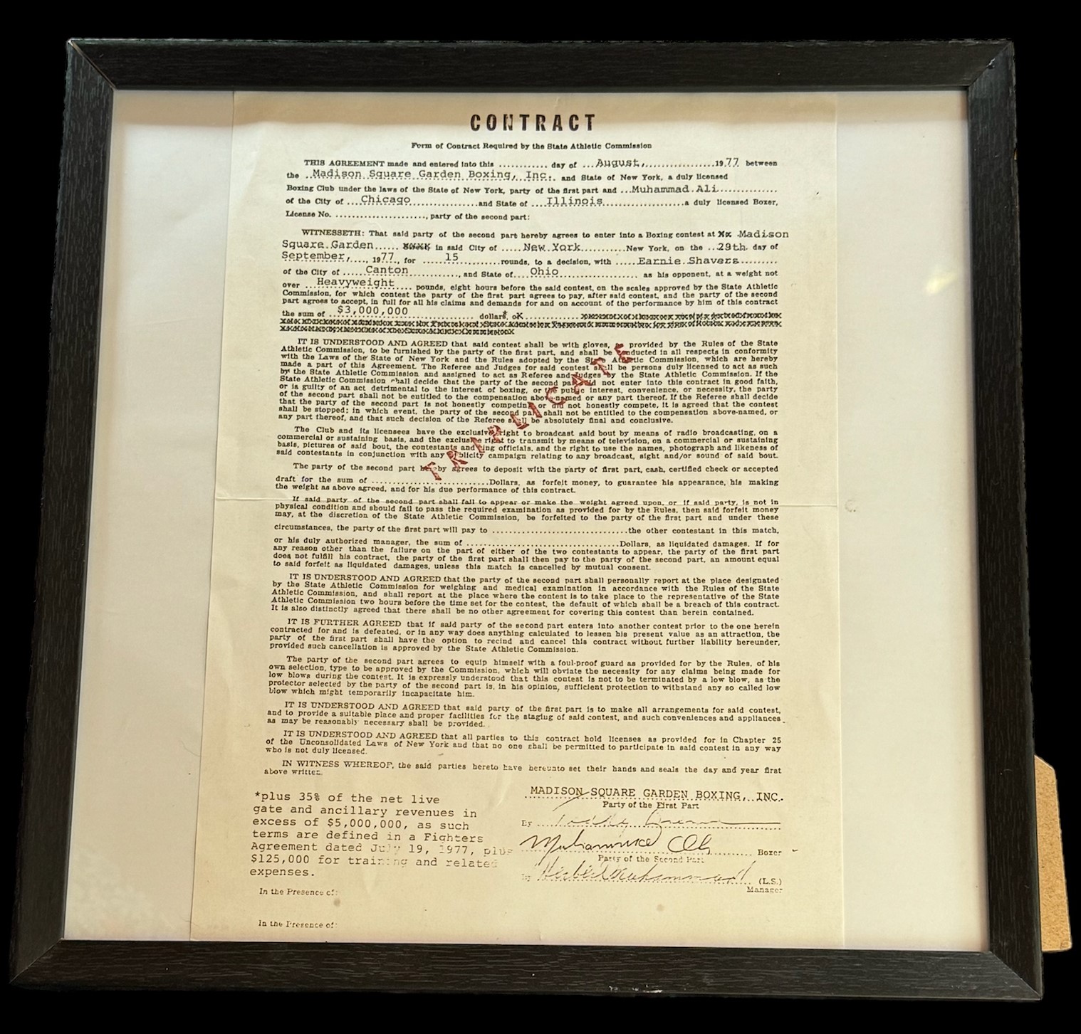 Muhammad Ali copy contract for the Earnie Shavers fight at Madison Square Gardens August 1977.