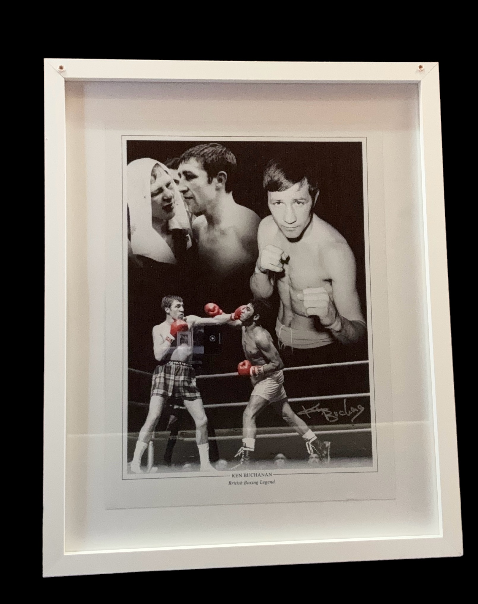 Ken Buchanan signed 21x17 inch overall framed and mounted colourised montage print. Good