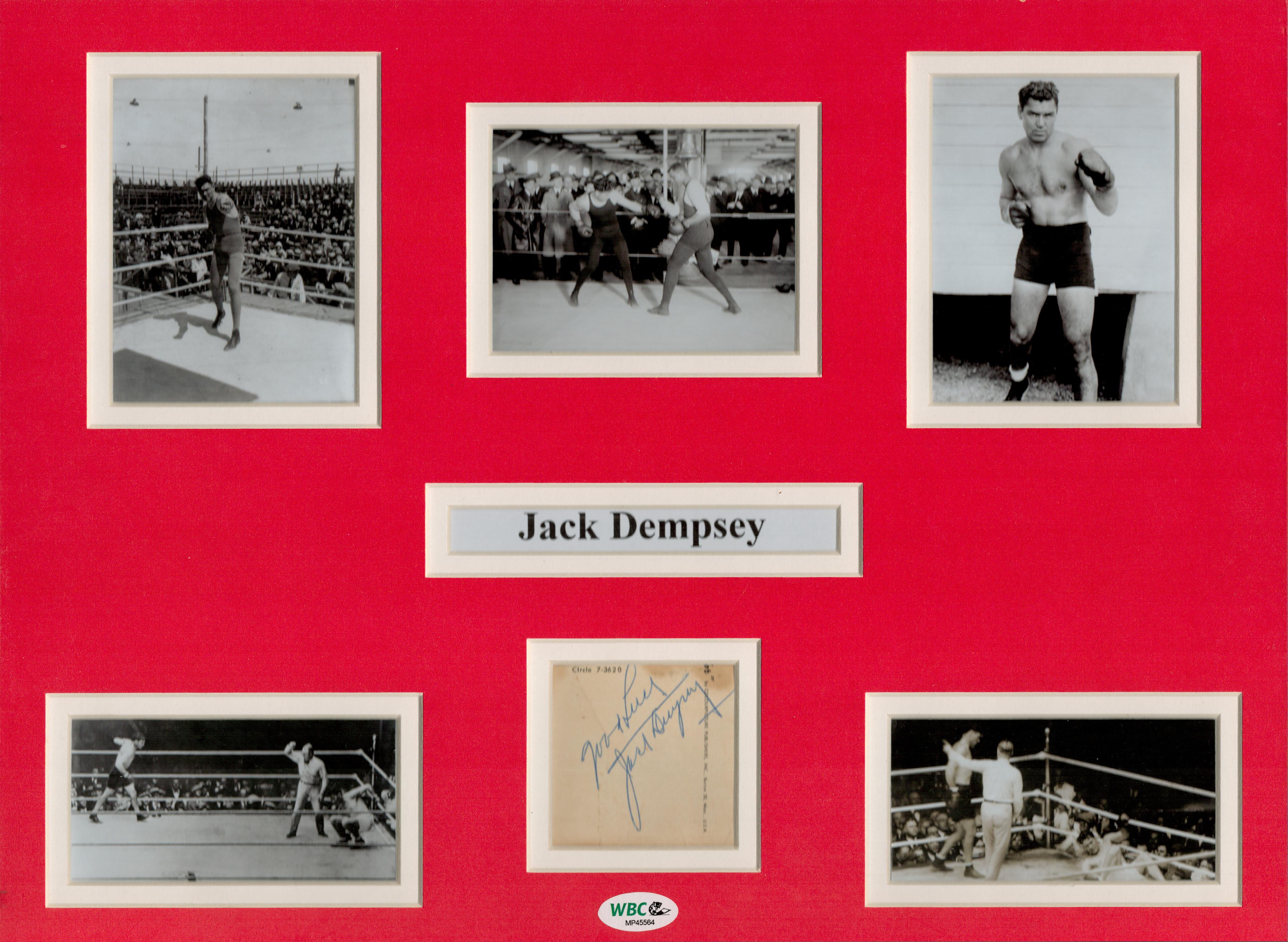 Jack Dempsey signature piece mounted with 5 black and white photos. Approx overall size 16x12inch.