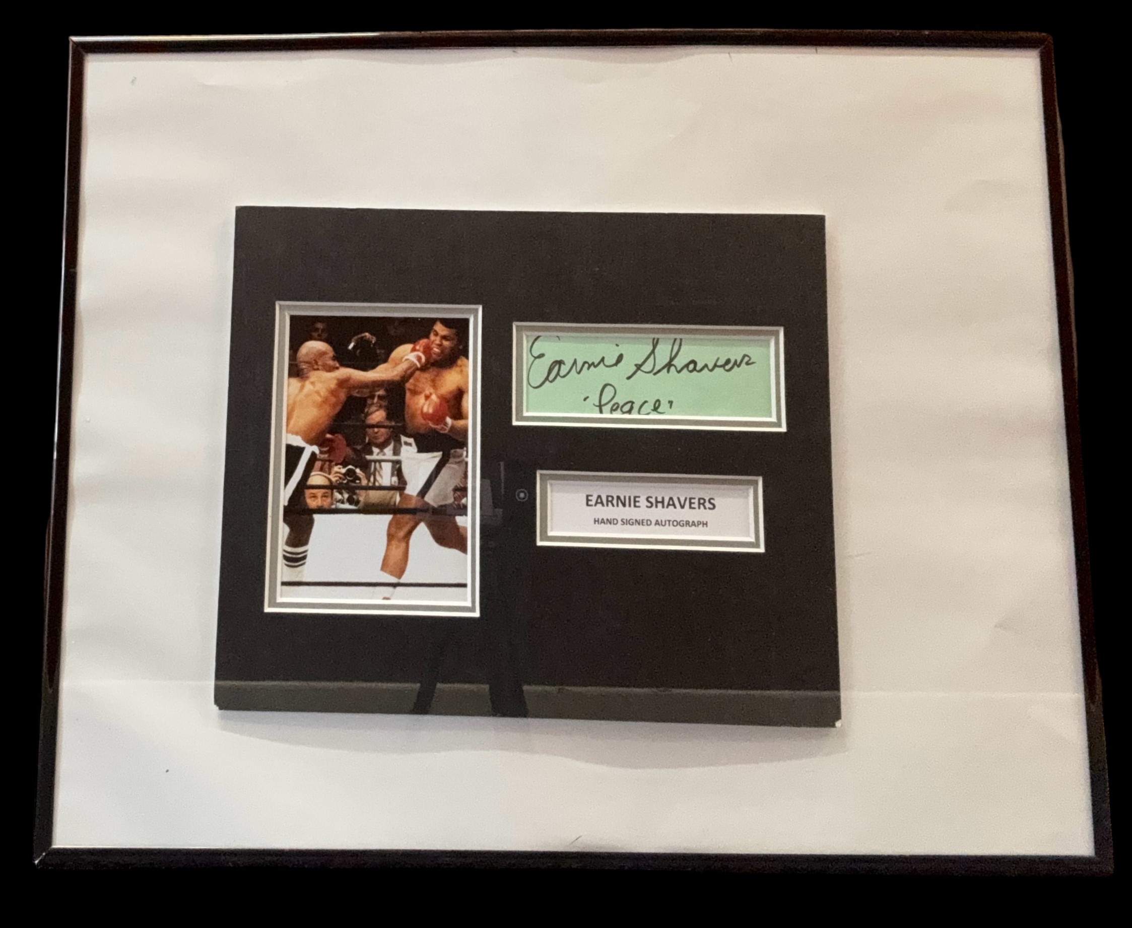 Earnie Shavers 21x16 inch framed and mounted signature display includes signed album page and colour