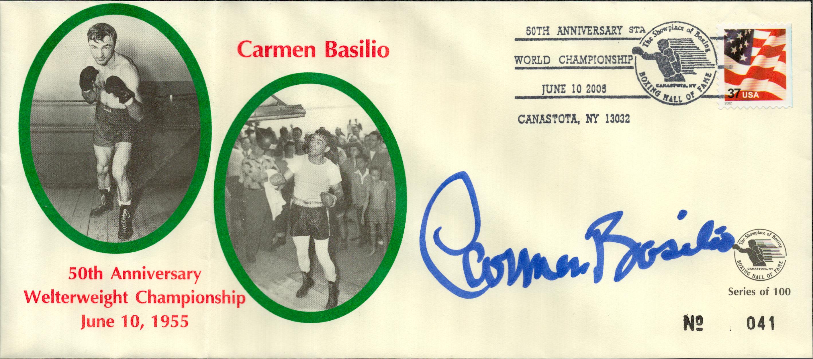 Carmen Basilio signed FDC. Good condition. All autographs come with a Certificate of Authenticity.