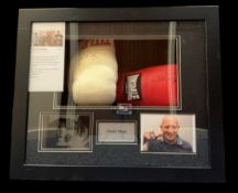 Charlie Magri signed white Title boxing glove and red Lonsdale glove in 24x20x5 inch box display.