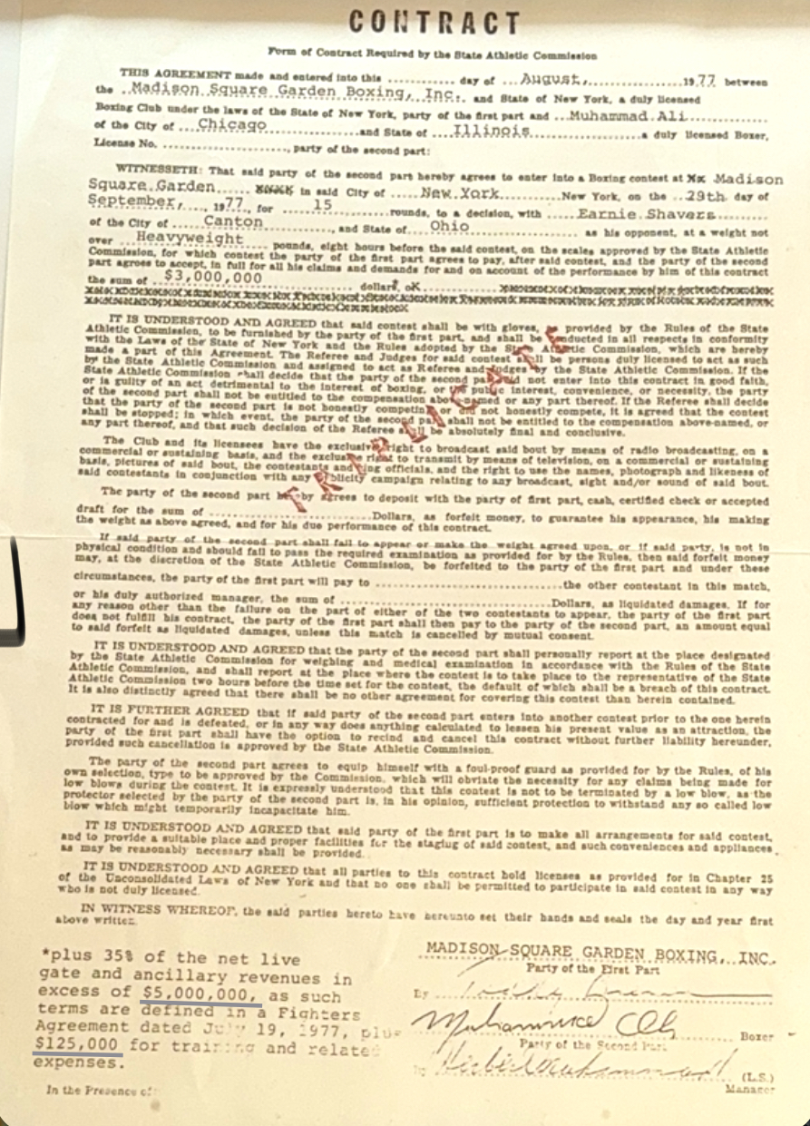 Muhammad Ali copy contract for the Earnie Shavers fight at Madison Square Gardens August 1977. - Image 2 of 2