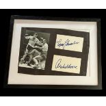 Ingemar Johansson and Archie Moore signed white cards. Framed and mounted with black and white