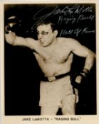 Jake LaMotta signed 10x8 inch vintage black and white photo. Good condition. All autographs come