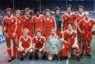Autographed NOTTM FOREST 12 x 8 Photo : Col, depicting Nottingham Forest players celebrating with