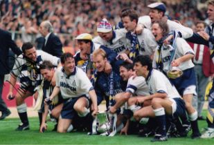 Autographed PAUL STEWART 12 x 8 Photo : Col, depicting Tottenham players celebrating with the FA Cup