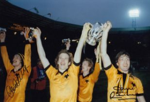 Autographed WOLVES 12 x 8 Photo : Col, depicting Wolves KENNY HIBBITT, Andy Gray and JOHN RICHARDS