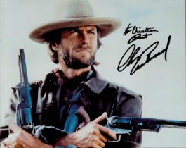 Clint Eastwood signed 10x8 inch colour photo dedicated. Good condition. All autographs come with a