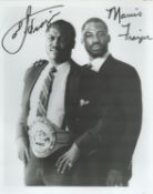 Joe Frazier and Marvis Frazier signed 10x8 inch black and white photo slight crease in photo
