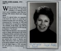 Dame Janet Baker signed black and white photo 5.5x3.5 Inch biography. 7.25x6.25 Inch. Good