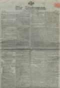The Statesman 3 Sept 1808 original newspaper. Article the Battle or Vimiera Dispatch. No. 786 Four
